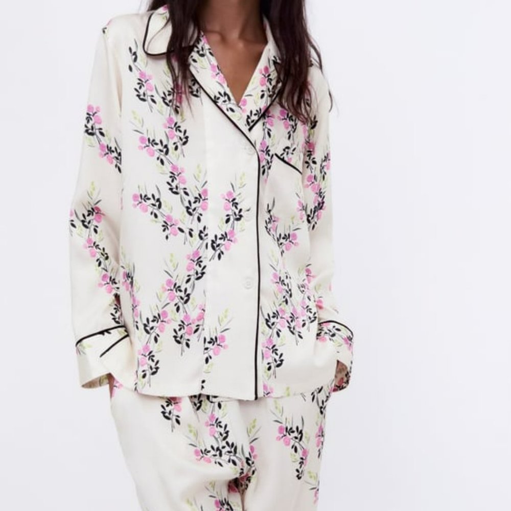 ZARA Printed Floral Pattern Pajama SET Satin Shirt XL & Matching Pants XXL